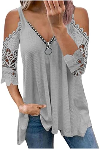 Ženske Ljetne Bluze Sa Hladnim Ramenom Na Vratu Čipkasti Izrez Sa Patentnim Zatvaračem Prednje Majice Jednobojne