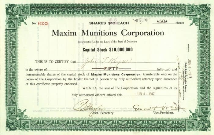 Maxim Munitions Corporation-Hiram Percy Maxim - Certifikat O Skladištu Municije