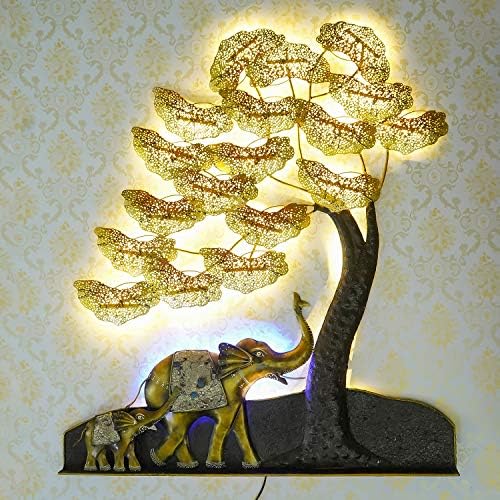 Porodica ECRAFTINDIA Slon pod zlatnim lišćem stablo ručno izrađenog željeznog zida visi sa pozadinskim LED-om