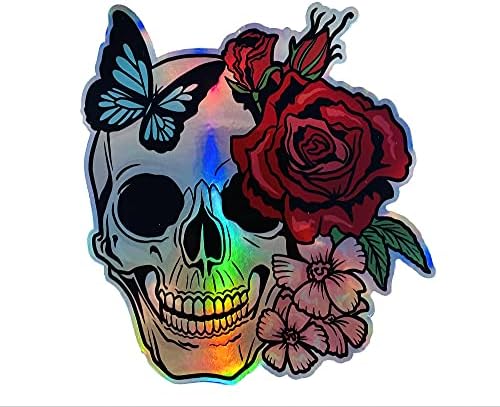 Wickedgoodz Butterfly Rose Skull Holografski vinil naljepnica - cvjetna naljepnica odbojnika lubanja - za