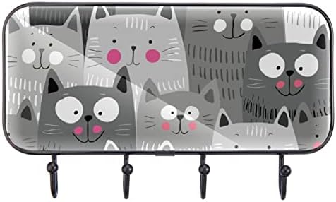 Slatke crtane mačke sivi smiješni kitty print kaput nosač zida, ulazni kaput nosač sa 4 kuka za kaput kaputi