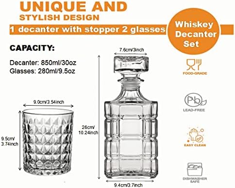 Crystal Decanters Set sa naočarima, 30oz Elegant Liquor Carafe sa ukrašenim čvrstim staklenim čepom i 2