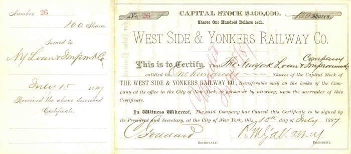 West Side and Yonkers Railway Co. - Certifikat Zaliha