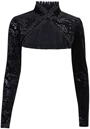 Ženska gotička čipka od rukava s rukavima V-izrez Velet vrhovi šuplji crne majice
